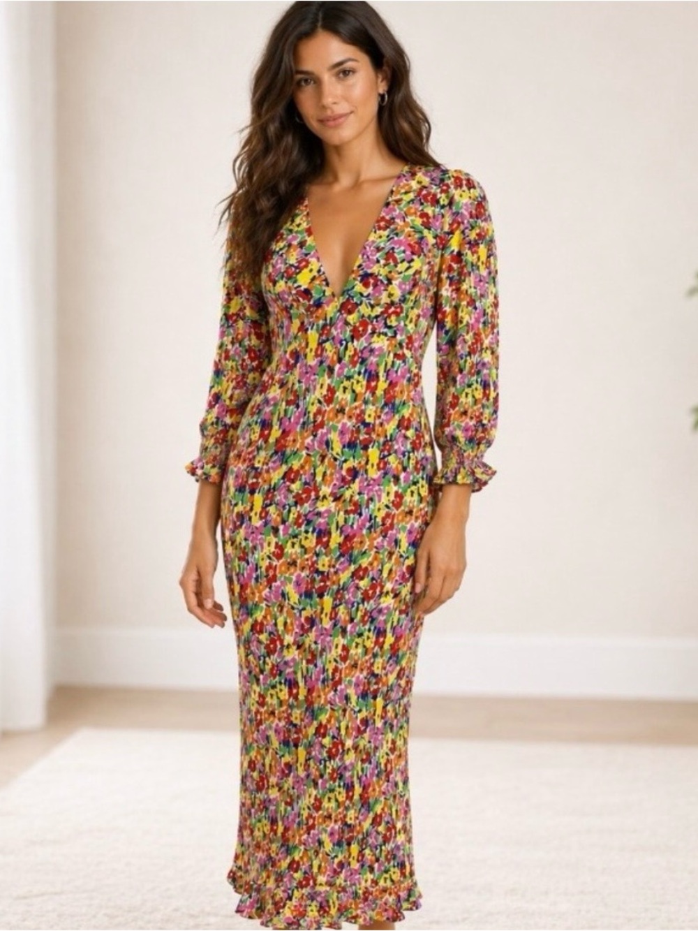 RIXO Multicolor Floral V-Neck Midi Dress
